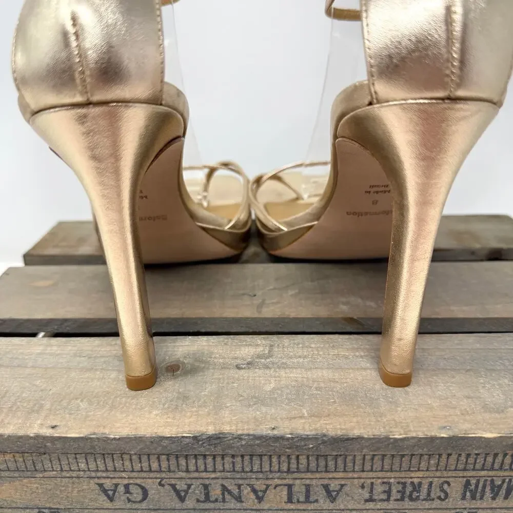 Reformation Gilda Platform Square Toe Heeled Sandal In Metallic Gold Size 8